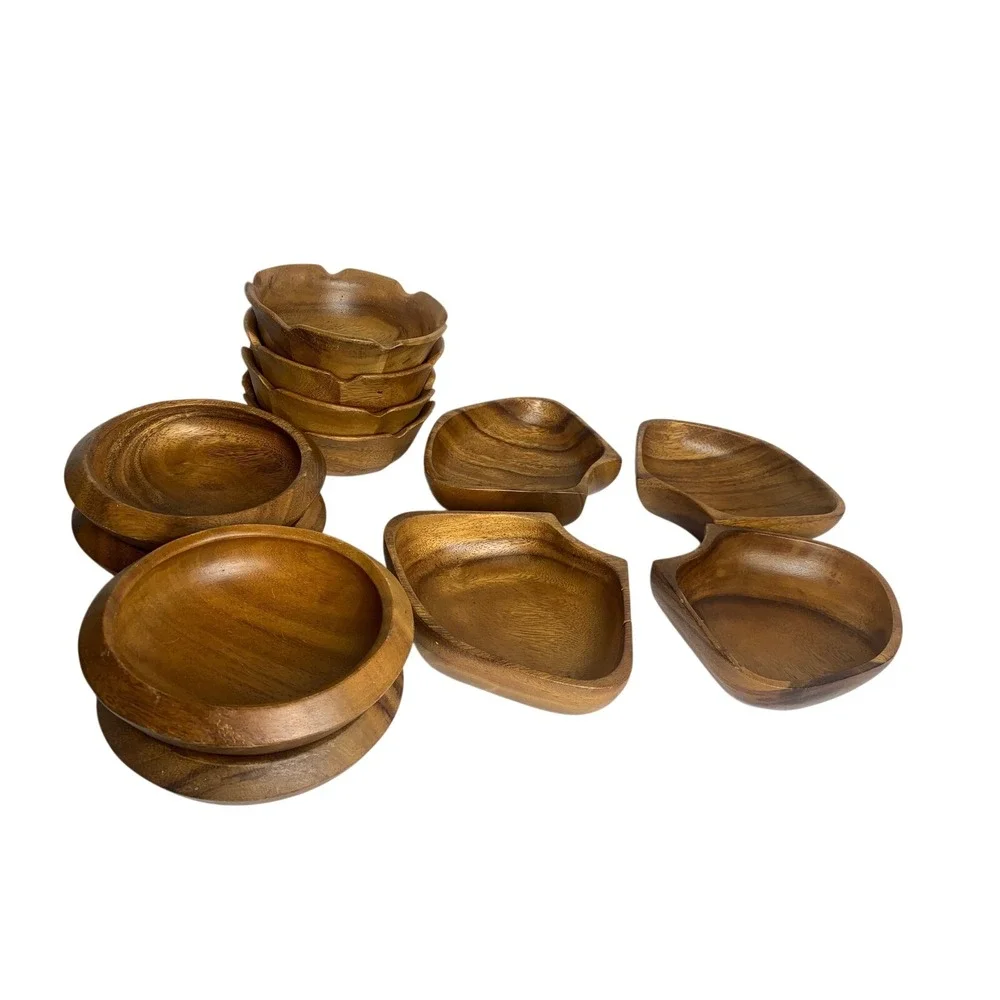 Vintage Monkey Pod Wood Bowls Set‎ of 12 Hand Carved Mid Century Modern Serving